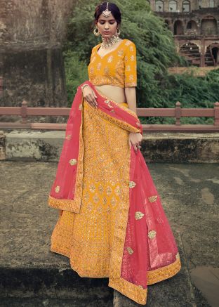 Yellow Satin Lehenga Choli With Zari Embroidery