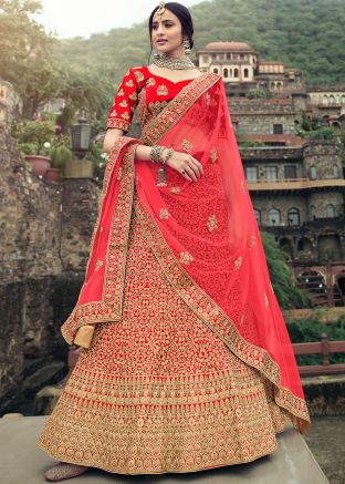 Red Embroidered Border Lehenga Choli With Dupatta