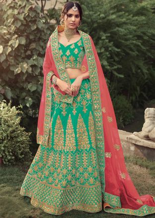 Green Satin Embroidered Lehenga Choli With Net Dupatta