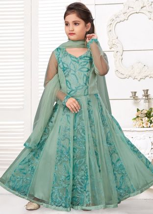 Green Readymade Embroidered Kids Anarkali Suit