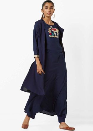 Readymade Navy Blue Kurta Palazzo With Jacket