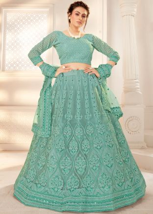 Green Net Embroidered Lehenga Choli