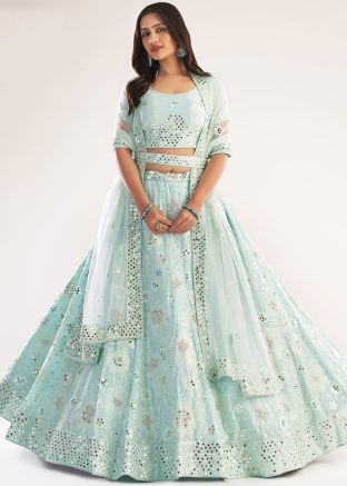 Green Mirror Embellished Lehenga Choli In Net