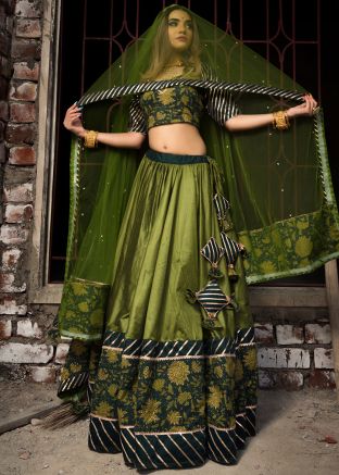 Green Block Printed Cotton Silk Lehenga Choli