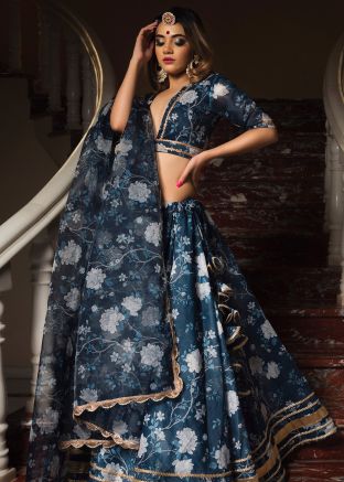 Blue Floral Printed Chanderi Lehenga Choli