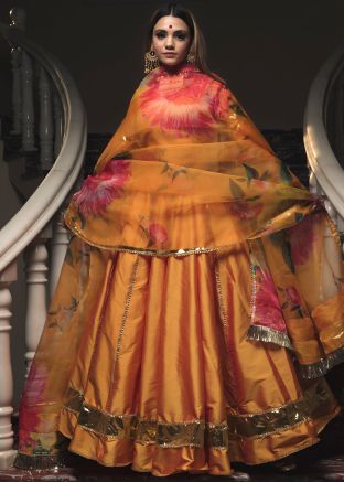 Orange Laced Lehenga Choli With Printed Dupatta