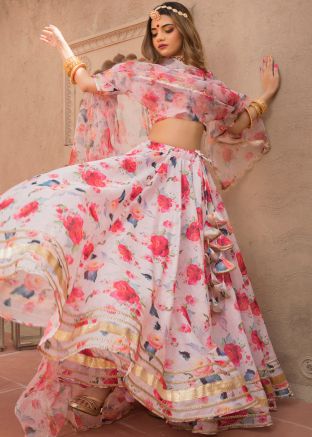 Pink Floral Printed Lehenga Choli In Cotton