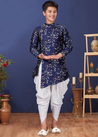 Readymade Kids Sherwani Dhoti Set In Dark Blue