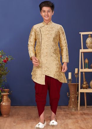 Light Beige Readymade Kids Asymmetric Sherwani Set