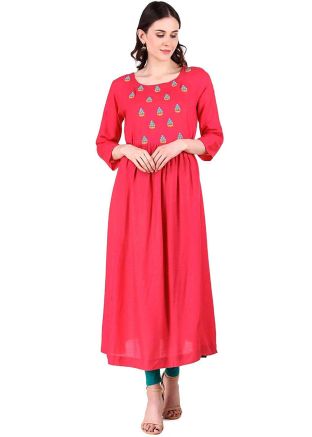 Red Embroidered Flared Kurta With Bottom