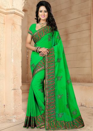 Green Heavy Border Embroidered Saree