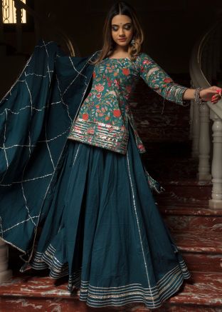 Teal Green Block Printed Kurti Style Lehenga