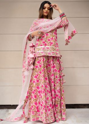 Pink Block Printed Kurti Style Lehenga
