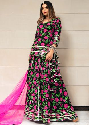 Black Hand Block Printed Kurti Style Lehenga