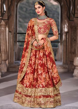 Red Digital Floral Printed Organza Lehenga Choli