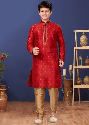 Red Kids Readymade Kurta Churidaar Set