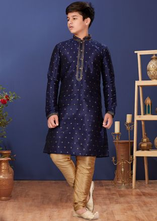 Dark Blue Kids  Jacquard Kurta Churidaar Set