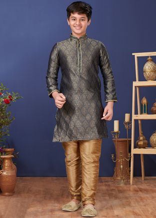 Gold Jacquard Readymade Kids Kurta Pajama