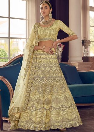 Yellow Thread Embroidered Lehenga Choli In Crape