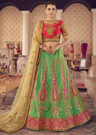 Green Embroidered Jacquard Lehenga Choli With Dupatta