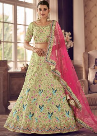 Green Mirror Work Art Silk Lehenga Choli