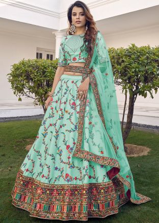 Green Embroidered Border Lehenga Choli In Silk