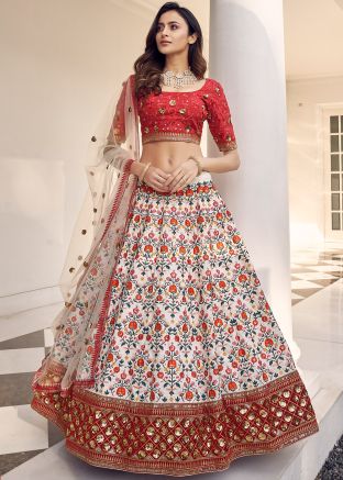 White Embroidered Border Lehenga Choli In Art Silk