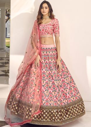Peach Embroidered Bridesmaid Lehenga Choli In Silk