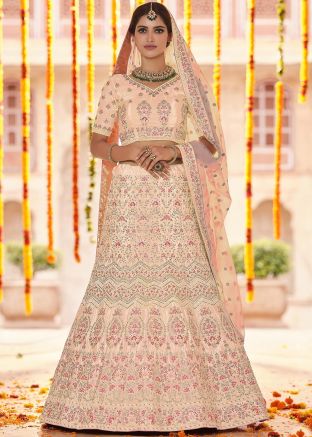 Peach Sequins Embroidered Fish Cut Lehenga Choli
