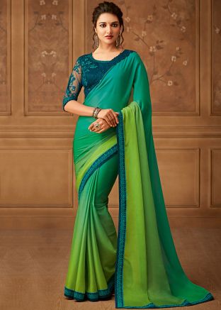 Shaded Green Chiffon Saree With Embroidered Blouse