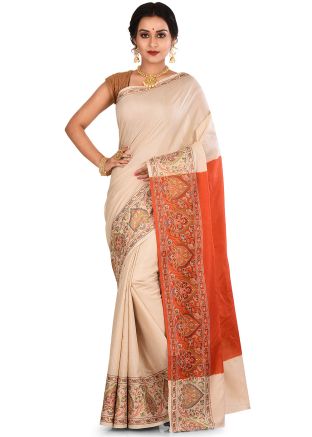 Cream And Orange Embroidered Pure Silk Saree