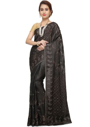 Embroidered Black Pure Silk Saree