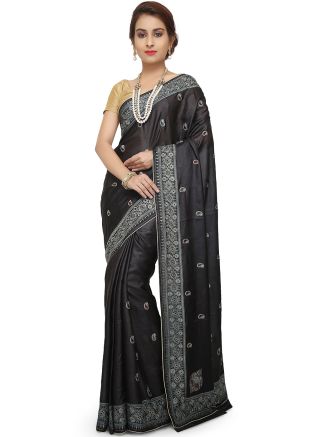 Black Zari Embroidered Pure Silk Saree