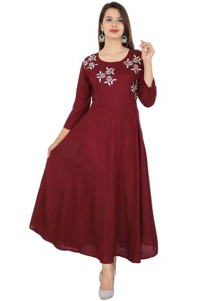 Maroon Embroidered Flared Kurta With Bottom