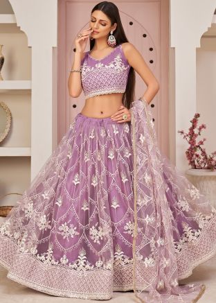 Bridesmaid Purple Net Lehenga With Embroidered Choli