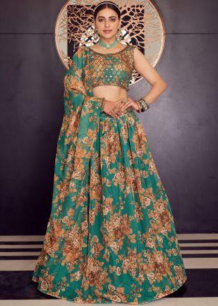 Green Floral Printed Organza Lehenga Choli