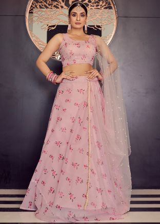 Pink Floral Printed Lehenga Choli In Georgette