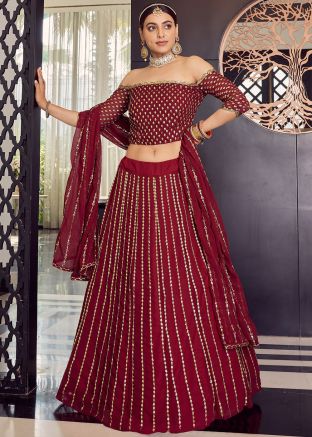 Maroon Embroidered Georgette Lehenga Choli With Dupatta