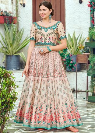 Readymade Cream Floral Digital Print Indowestern Gown