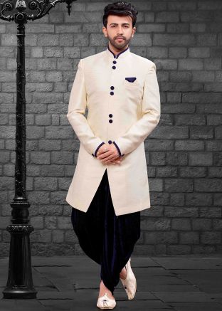 Cream Readymade Sherwani With Dhoti Pant