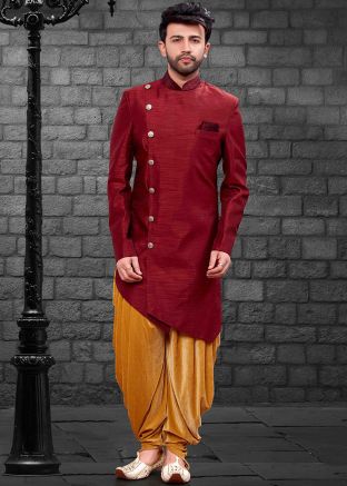 Maroon Asymmetric Sherwani With Dhoti Pant