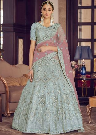Turquoise Floral Thread Embroidered Lehenga Choli In Crepe