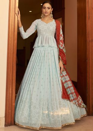 Blue Embroidered Lehenga Choli With Printed Dupatta
