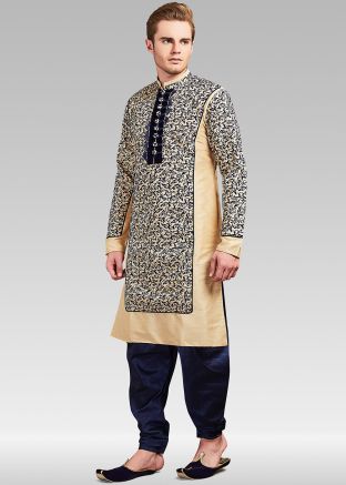 Beige Embossed Readymade Pathani Suit