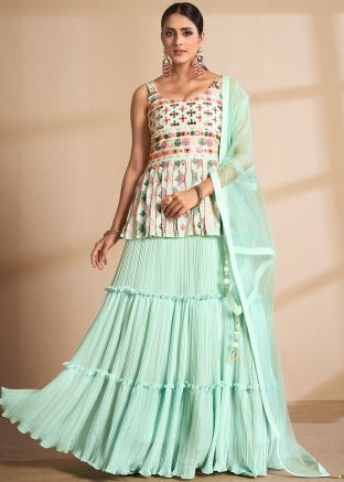White Embroidered Readymade Kurti Style Lehenga In Georgette