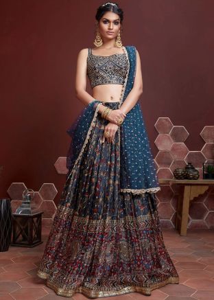 Blue Art Silk Lehenga With Embroidered Choli