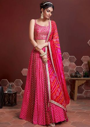 Pink And Red Sequined Lehenga Choli In Silk