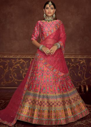 Pink Floral Lehenga Choli In Art Silk