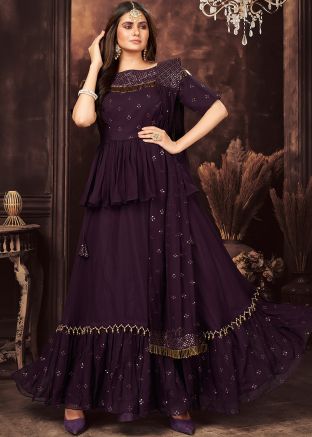 Purple Embroidered Readymade Kurti Style Lehenga