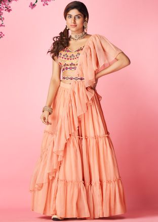 Peach Tiered Chiffon Lehenga With Embroidered Choli